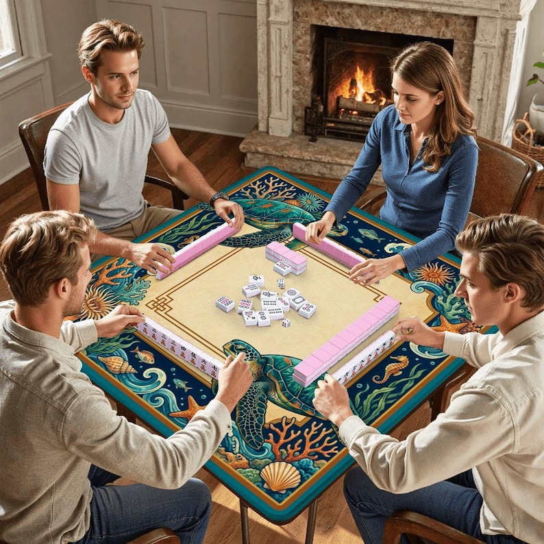 Coastal Sea Turtle Mahjong Mat with Bag – Tropical Botanical Style – 31.5" Noise Reducing Table Topper Protector, Luxury Mahjong Player Gift image 2