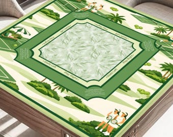 May include: A square, green and cream-colored table cover with a tennis theme. The design includes tennis players, palm trees, and tennis courts. The cover has text that reads "Play Right" and "Walls Left".