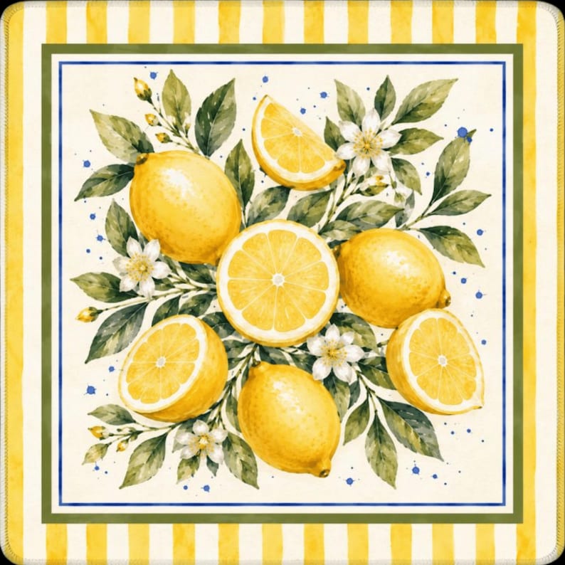 May include: Square decorative coaster featuring a watercolor illustration of lemons, lemon slices, white flowers, and green leaves. The design is set against a cream background with a striped yellow border and a green and blue inner border. The coaster is perfect for kitchen decor.