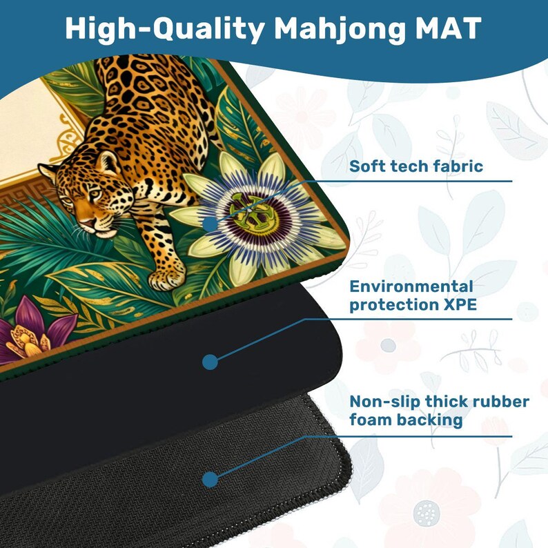 Tropical Leopard Mahjong Mat - Luxury Jungle Jaguar Noise Reducing Table Cover, Exotic Botanical Game Night Mah jongg Accessories image 5