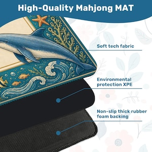 Tapete de Mahjong con diseño de delfines costeros - Cubierta de mesa de juego azul turquesa con temática oceánica, accesorio de Mahjong con arte náutico, regalo para una noche de juegos de Mahjong para ella. imagen 3