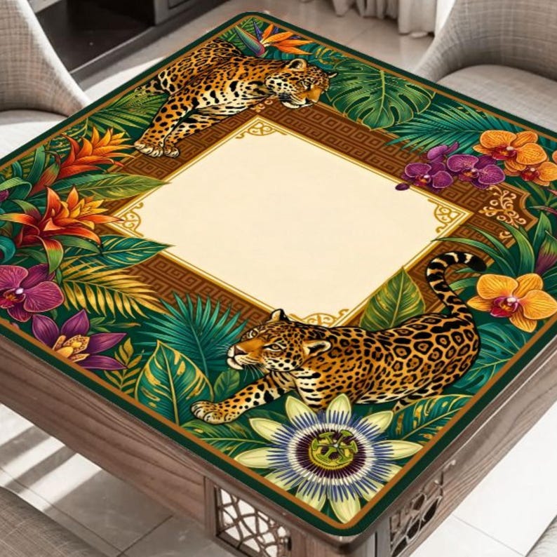 Tropical Leopard Mahjong Mat - Luxury Jungle Jaguar Noise Reducing Table Cover, Exotic Botanical Game Night Mah jongg Accessories image 1