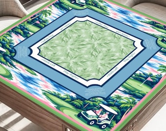 Tropical Golf Mahjong Mat with Rules - Palm Links Botanical Table Cover, Elegant Luxury Gift for Players, Non-Slip Professional Mat with Bag