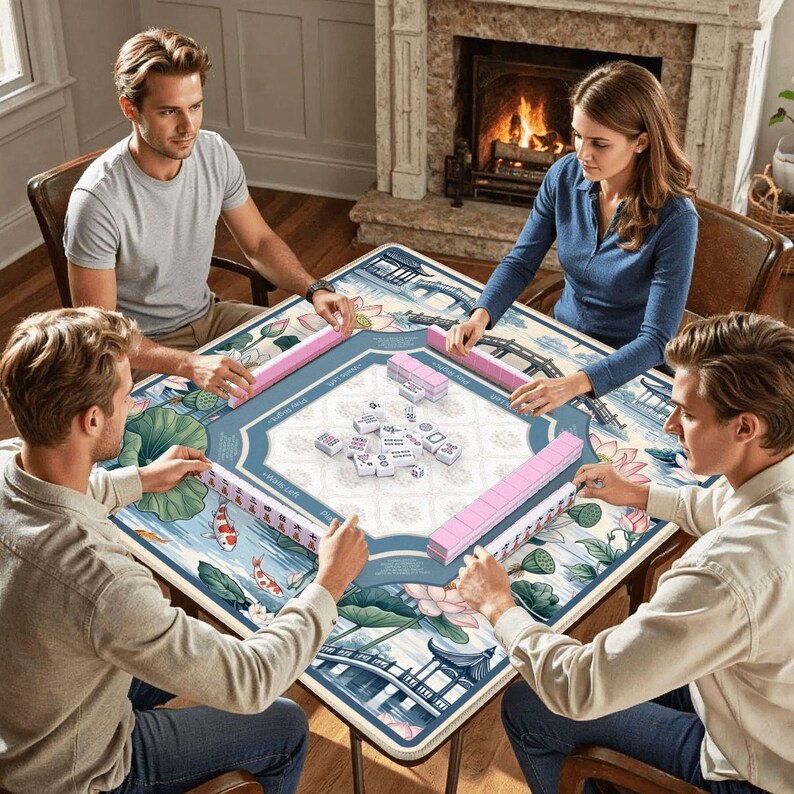 Tapete de Mahjong con Reglas y Diseño de Jardín de Koi de Loto - Mantel Botánico Pabellón Chinoiserie, Regalo Elegante y Lujoso, Tapete de Calidad Profesional con Bolsa imagen 2