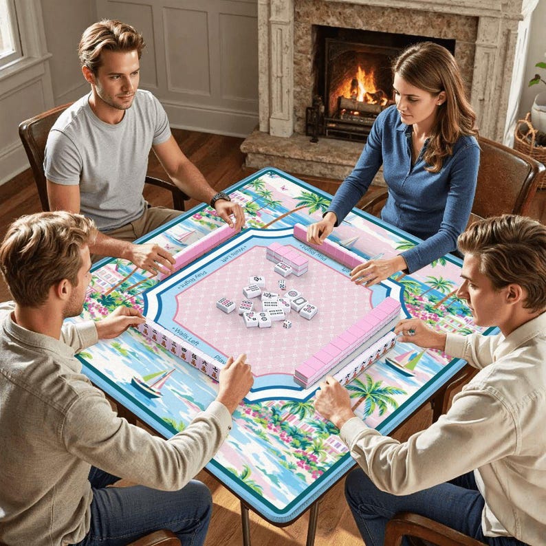 Tropical Palm Beach Mahjong Mat - Preppy Pink and Blue Coastal Table Protector, Nautical Sailboat Game Night Accessories, Mahj Mat with Bag image 2