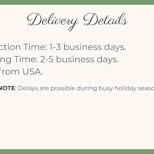 May include: Text on a light green background reads "Delivery Details." Below, it lists production time as 1-3 business days and shipping time as 2-5 business days. It also states "Ships from USA."