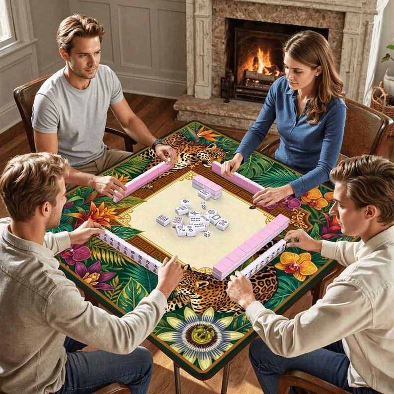 Tropical Leopard Mahjong Mat - Luxury Jungle Jaguar Noise Reducing Table Cover, Exotic Botanical Game Night Mah jongg Accessories image 2