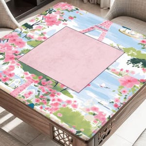 Tapete de Mahjong Flor de Cerejeira Parisiense - Protetor de Mesa Botânico Rosa, Torre Eiffel Paris, Presente de Aniversário para Jogadora de Mahjong.