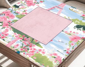 Parisian Cherry Blossom Mahjong Mat - Pink Botanical Table Protector, Eiffel Tower Paris Mah jongg Player Birthday Gift for Her