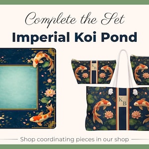 May include: A collection of Imperial Koi Pond themed items. The image includes a picture frame, a tote bag, and two cosmetic bags. Each item features a navy blue background with koi fish, lotus flowers, and the text "Imperial Koi Pond".