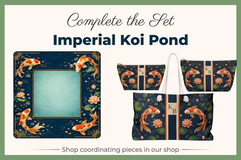 May include: A collection of Imperial Koi Pond themed items. The image includes a picture frame, a tote bag, and two cosmetic bags. Each item features a navy blue background with koi fish, lotus flowers, and the text "Imperial Koi Pond".