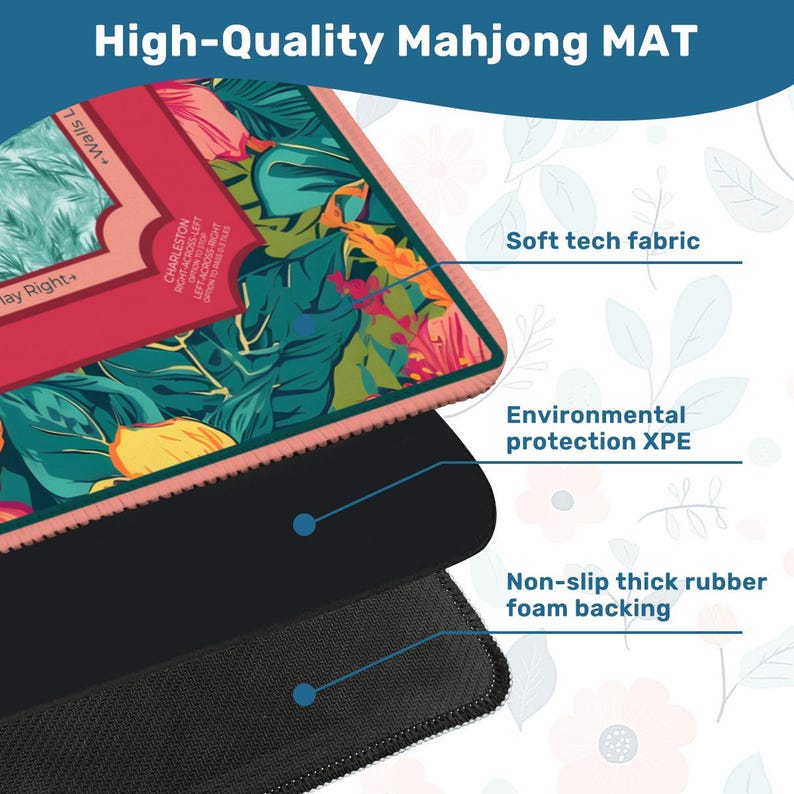 Summer Tropical Mahjong Mat with Rules - Bold Teal & Orange Hibiscus Premium Table Topper, Floral Quiet Play Game Night Mat with Bag image 5