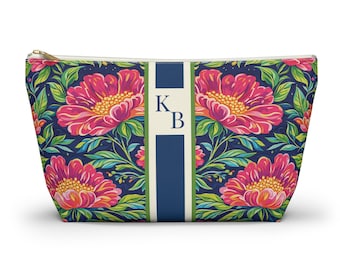 Floral Monogram Mahjong Tile Bag - Personalized Peony Cosmetic Pouch, Custom Blue Floral Makeup Bag, Elegant Botanical Travel Accessory