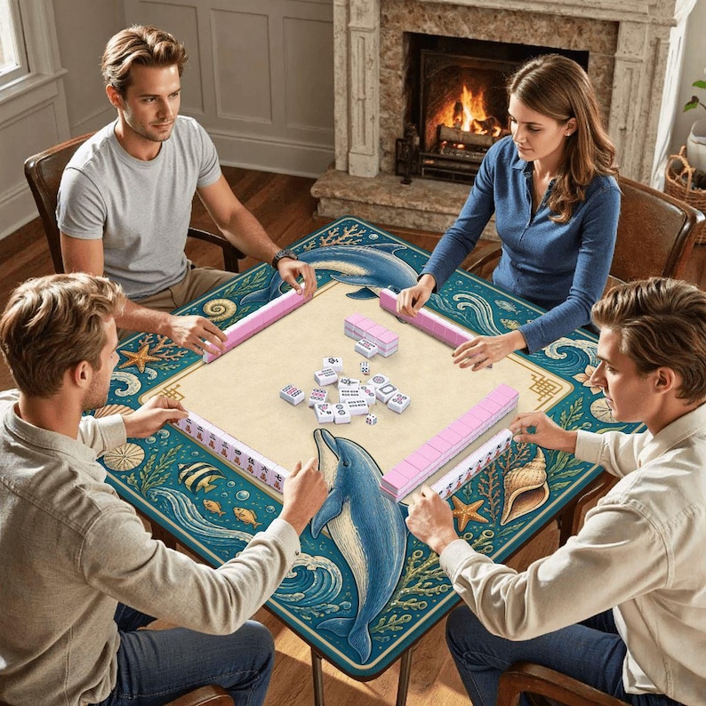 Tapete de Mahjong con diseño de delfines costeros - Cubierta de mesa de juego azul turquesa con temática oceánica, accesorio de Mahjong con arte náutico, regalo para una noche de juegos de Mahjong para ella. imagen 4