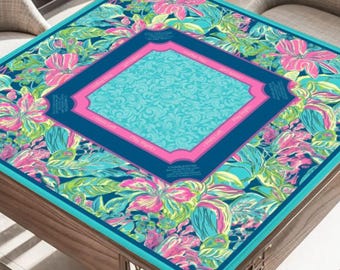 Preppy Teal Hibiscus Mahjong Mat with Rules - Vibrant Tropical Game Night Table Topper, Luxury Mah jongg Player Gift for Her, Mat with Bag