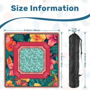 Summer Tropical Mahjong Mat with Rules - Bold Teal & Orange Hibiscus Premium Table Topper, Floral Quiet Play Game Night Mat with Bag image 4