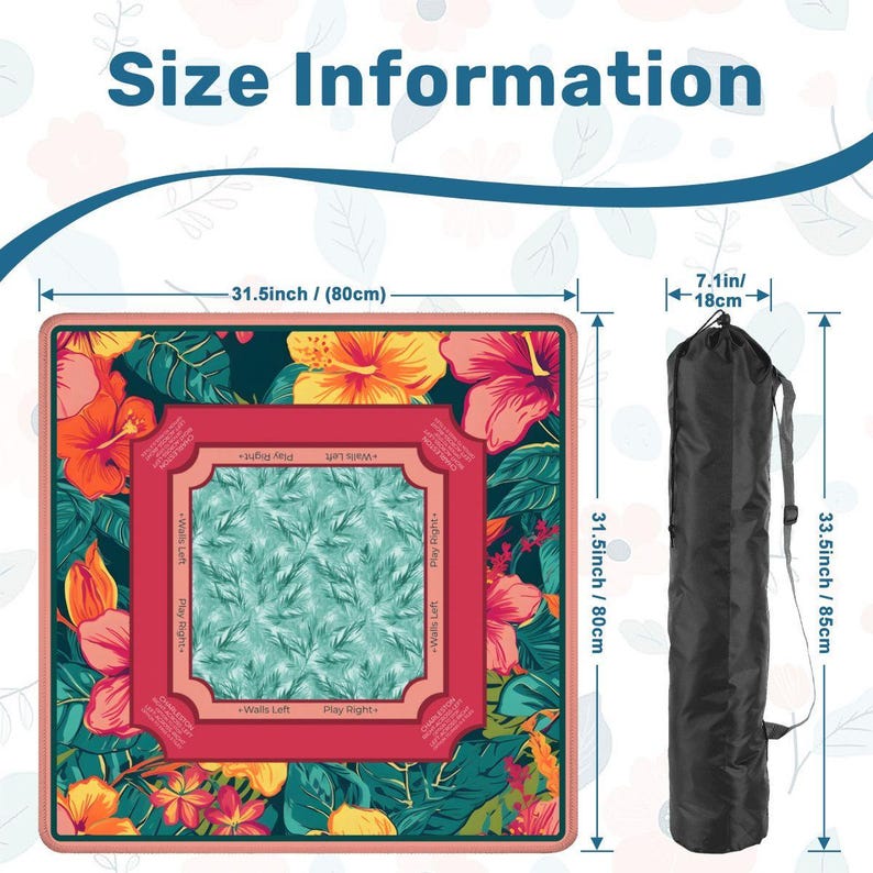Summer Tropical Mahjong Mat with Rules - Bold Teal & Orange Hibiscus Premium Table Topper, Floral Quiet Play Game Night Mat with Bag image 4