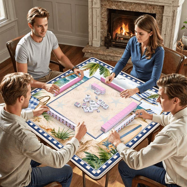 Coastal Beach Mahjong Mat - Nautical Game Table Cover, Seashell Mahj Mat, Mah Jongg Gift for Her, Summer Hostess Gift for Mahjong Players image 4