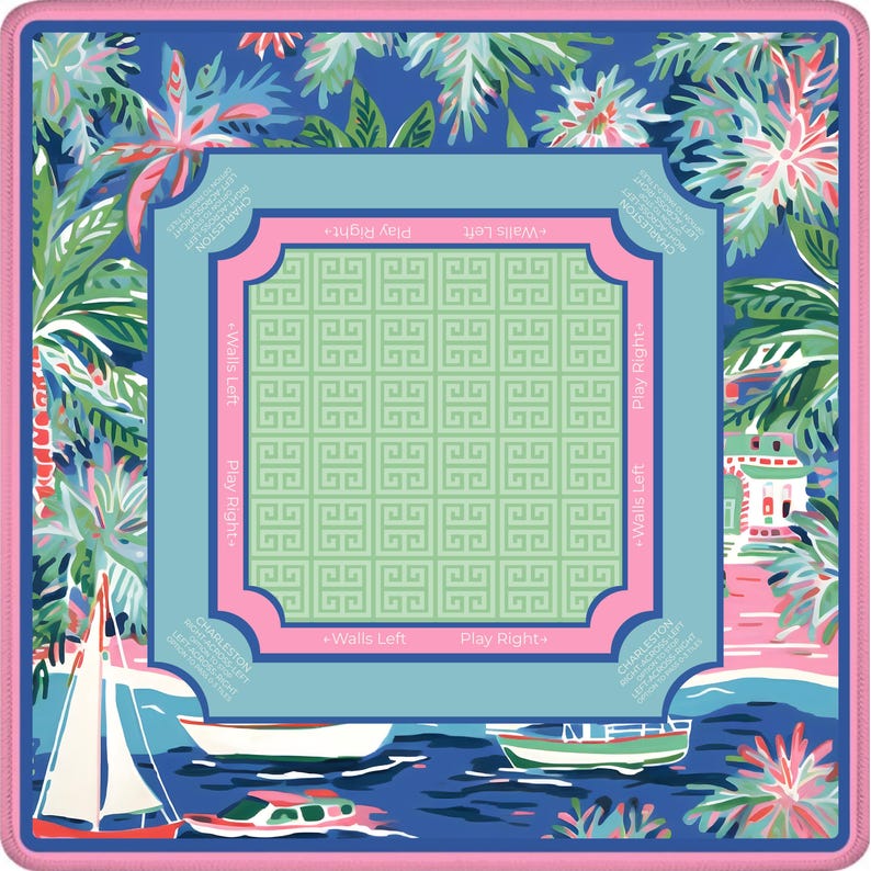 Coastal Palm Beach Mahjong Mat with Rules - Luxury Nautical Sailboat Table Protector, Preppy Blue & Pink Travel Mat with Bag, Mah jongg Gift image 6