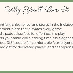 May include: Text on a cream-colored background reads "Why You'll Love It" followed by bullet points. The points highlight features like a smooth, padded surface, a 31.5" square size, and its ability to protect tables.
