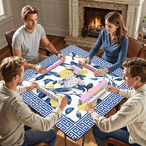 Blue Lemon Chinoiserie Mahjong Mat- Bird & Citrus Mah jongg Table Topper, Mahjong Night Gaming Accessories, Mahj Gift for Her, SHIPS ROLLED image 2