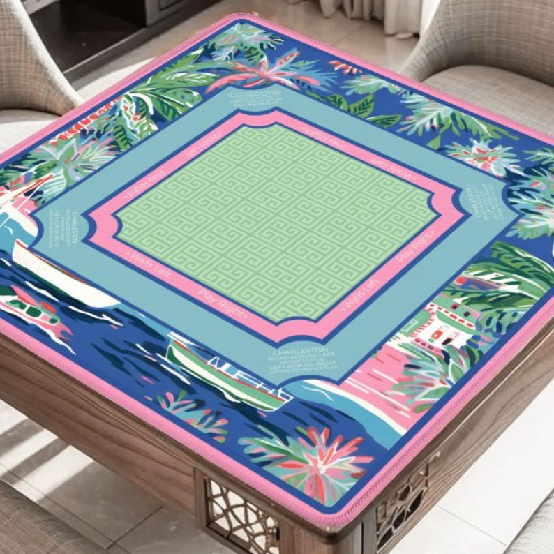 Coastal Palm Beach Mahjong Mat with Rules - Luxury Nautical Sailboat Table Protector, Preppy Blue & Pink Travel Mat with Bag, Mah jongg Gift image 1