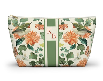 Personalized Chinoiserie Mahjong Tile Bag - Custom Botanical Bird Pouch, Green Monogram Game Night Case, Floral Makeup & Travel Organizer