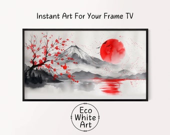 Samsung TV Art, Frame TV Art, kersenbloesemboom, aquareltekening, minimalistische Mount Fuji, met sneeuw bedekte berg, Japanse lente TVA 49