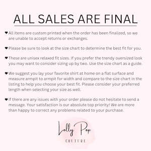May include: Text on a light pink background reads "ALL SALES ARE FINAL" followed by details about returns, sizing, and fit. The Lolly Pop Couture logo is at the bottom.
