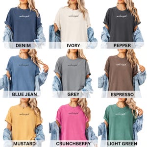 May include: Nine different color t-shirts with the word "unhinged" printed on the front. The colors are denim, ivory, pepper, blue jean, grey, espresso, mustard, crunchberry, and light green.