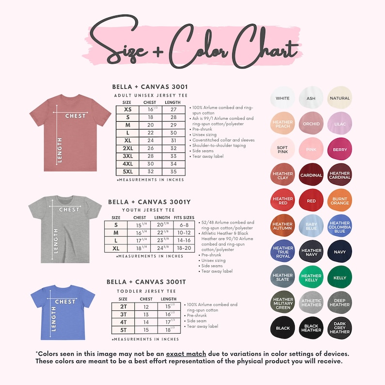 Puede incluir: Tabla de tallas y colores para camisetas Bella + Canvas. Incluye tallas para adultos, j&oacute;venes y ni&ntilde;os peque&ntilde;os con medidas de pecho y largo en pulgadas. Presenta una paleta de colores con opciones como blanco, negro y rojo brezo. El texto indica que los colores pueden variar.