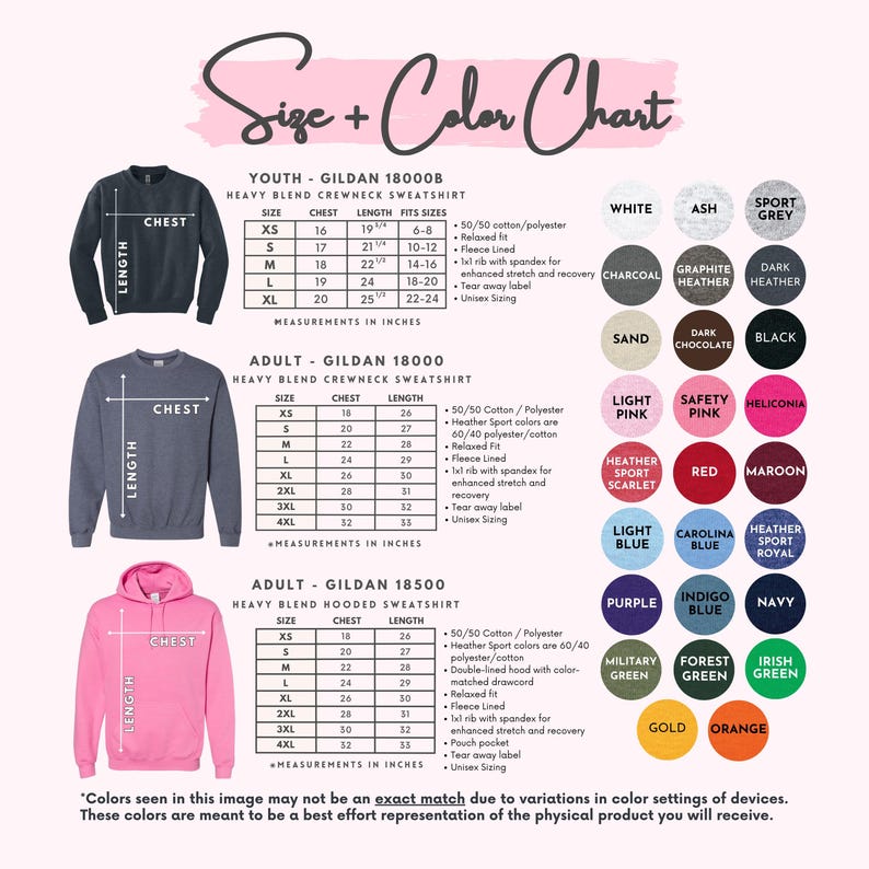 May include: Size and color chart for Gildan sweatshirts, including crewneck and hooded styles. Measurements in inches are provided for youth and adult sizes, with a variety of colors displayed.