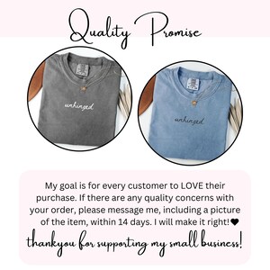 May include: Two t-shirts with the word "unhinged" printed on them. One shirt is gray and the other is blue. The shirts are displayed on a white background with the text "Quality Promise" and a message about customer satisfaction.