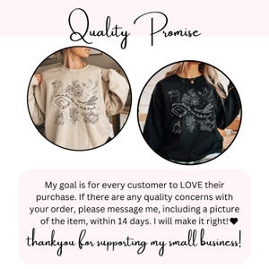 K&ouml;nnte beinhalten: Zwei Sweatshirts, eines beige und eines schwarzen, jeweils mit einem grafischen Design mit dem Text "give us this day our daily bread". Das Design umfasst ein Buch, eine Taube, Weizen und andere Elemente. Der Text "Quality Promise" steht oben.