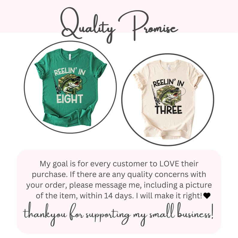 Puede incluir: Dos camisetas con gr&aacute;ficos tem&aacute;ticos de pesca. Una es verde con "REELIN' IN EIGHT" y la otra es de color crema con "REELIN' IN THREE". Ambas camisetas presentan un dise&ntilde;o de pez y ca&ntilde;a de pescar. El texto "Quality Promise" est&aacute; en la parte superior.