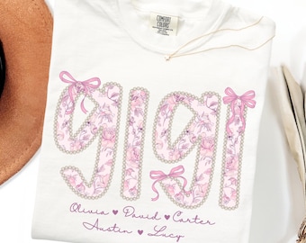 Personalized Gigi Comfort Colors® Shirt Pink Toile Floral Grandma Mama Shirt Custom Names Mimi Nana Gigi Tshirt Mother's Day Gift Shirt