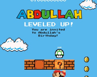 May include: A birthday invitation featuring a video game theme. The invitation is blue with a pixelated image of a video game character, a cloud, and a brick wall. The text on the invitation reads "Abdullah Leveled Up! You are invited to Abdullah's Birthday!"