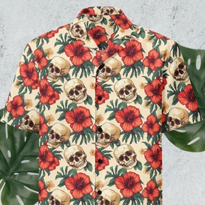 Hibiscus and Skulls Hawaiian Shirt - Tropical Halloween Design, Unisex Button Up