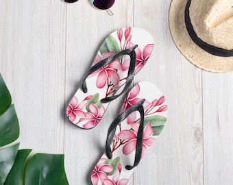 Roze plumeria-slippers - sandalen met tropisch ontwerp