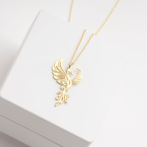 14K Solid Gold Phoenix Rising Necklace, Phoenix Jewelry, Firebird Necklace, Bird Jewelry, Mythology Necklace, Inspirational Gift For Her