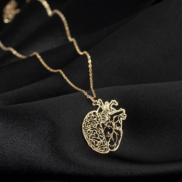 Collier cerveau et coeur anatomique en or massif 14 carats, cadeau médecin, bijoux médicaux, bijoux anatomie, cadeau psychologie, cadeau neurologue, science