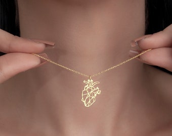 Collar de corazón anatómico de oro macizo de 14K, collar de órgano, encanto del corazón, joyería de anatomía, colgante del corazón, joyería del corazón, colgante del corazón humano