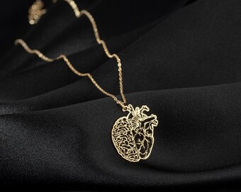 14K Solid Gold Brain & Anatomical Heart Necklace, Doctor Gift, Medical Jewelry, Anatomy Jewelry, Psychology Gift, Neurologist Gift, Science