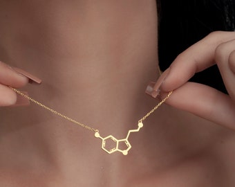 14K Solid Gold Serotonin Molecule Necklace, 14K Gold Science Jewelry, Chemistry Pendant, Gift For Her, Hapiness Necklace, Biology Jewelry