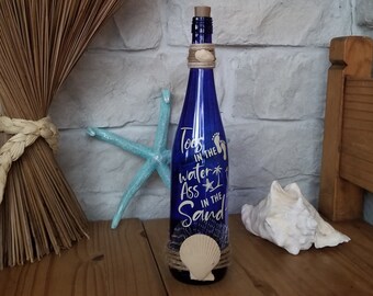 Lighted 'Toes In the Water' Decorative Rare Blue Wine Bottle