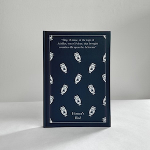 May include: A dark blue book cover featuring a white quote from Homer's Iliad. The cover is decorated with a repeating pattern of white Greek urns.