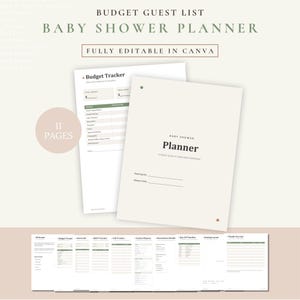 Könnte beinhalten: Eine digitale Babyparty-Planervorlage mit 11 Seiten, inklusive Budget-Tracker und Veranstaltungsplanungsblättern. Das Dokument enthält den Text Budget Guest List Baby Shower Planner, Fully Editable in Canva und 11 Pages.