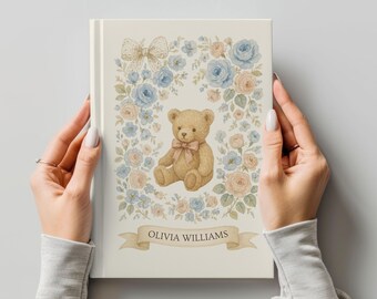 Personalized French Nursery Teddy Bear Guestbook, Shabby Chic Coquette Baby Shower Keepsake, Vintage Floral Nursery Memory Book