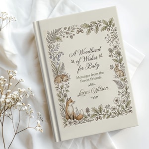 May include: A hardcover book with a cream cover featuring a decorative border of forest plants and animals. The text reads A Woodland of Wishes for Baby, Messages from the Forest Friends, and the name Lucas Wilson in a script font.