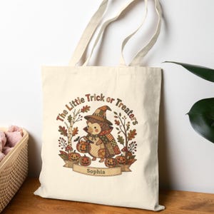 Personalized Halloween Candy Bag, Faux Patchwork Kids Trick or Treat Bag, Custom Name Tote Bag, Woodland  Witch Hedgehog Basket